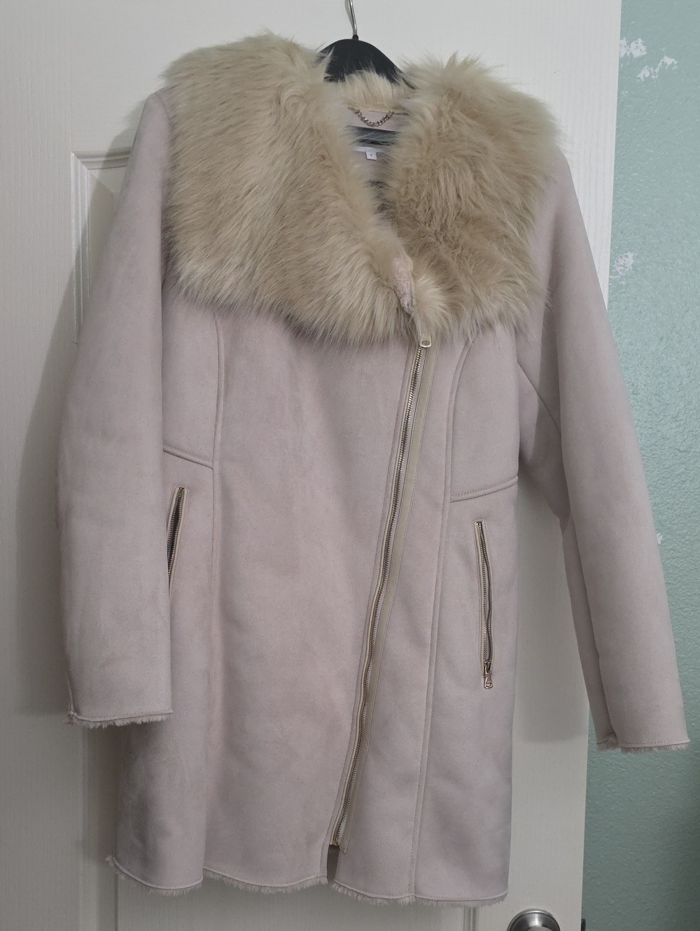 Calvin Klein Pale Pink Faux Shearling Trench Coat with Beige Fur Collar